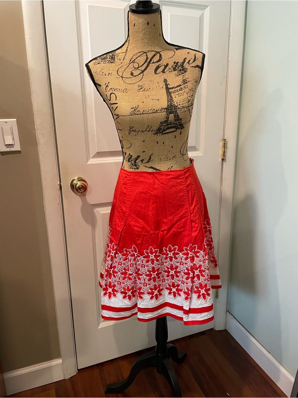 Red A-Line Skirt with White Floral Embroidery
